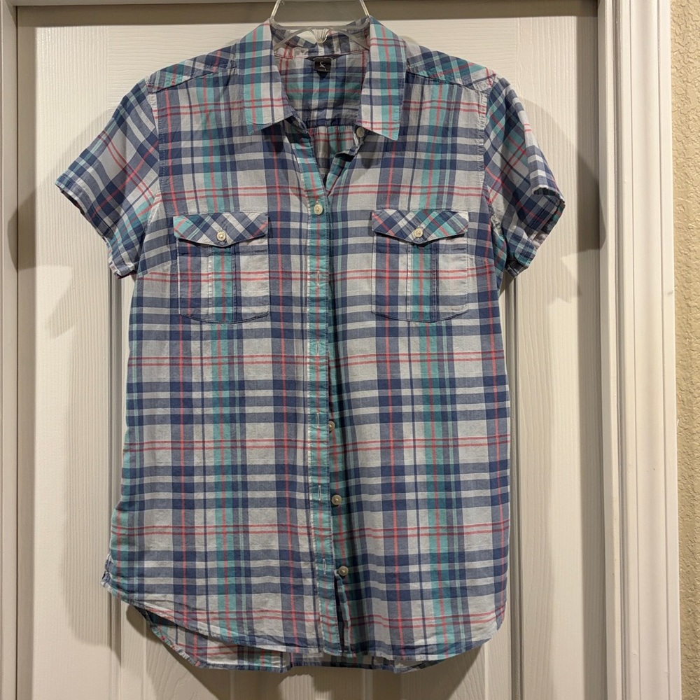 Eddie Bauer Plaid Short-Sleeve Button-Up Shirt - Blue/Teal size L Womens - Picture 3 of 5